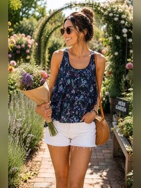 Decree Potomac Blue Floral Tiered Ruffle Tank Top NWT XL Boho Sleeveless